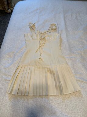 Peppermayo Cream Pleated Dress with Lace-Up Bodice